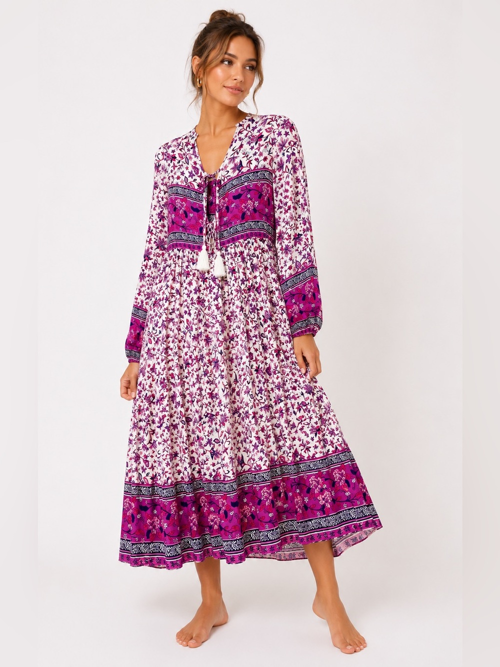 R.Vivimos Boho Resort Swim Cover Dress Cotton Tassel Midi Medium
